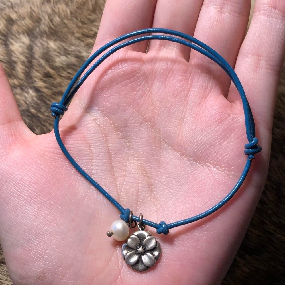 Cute blue leather chord sterling silver charm bracelet